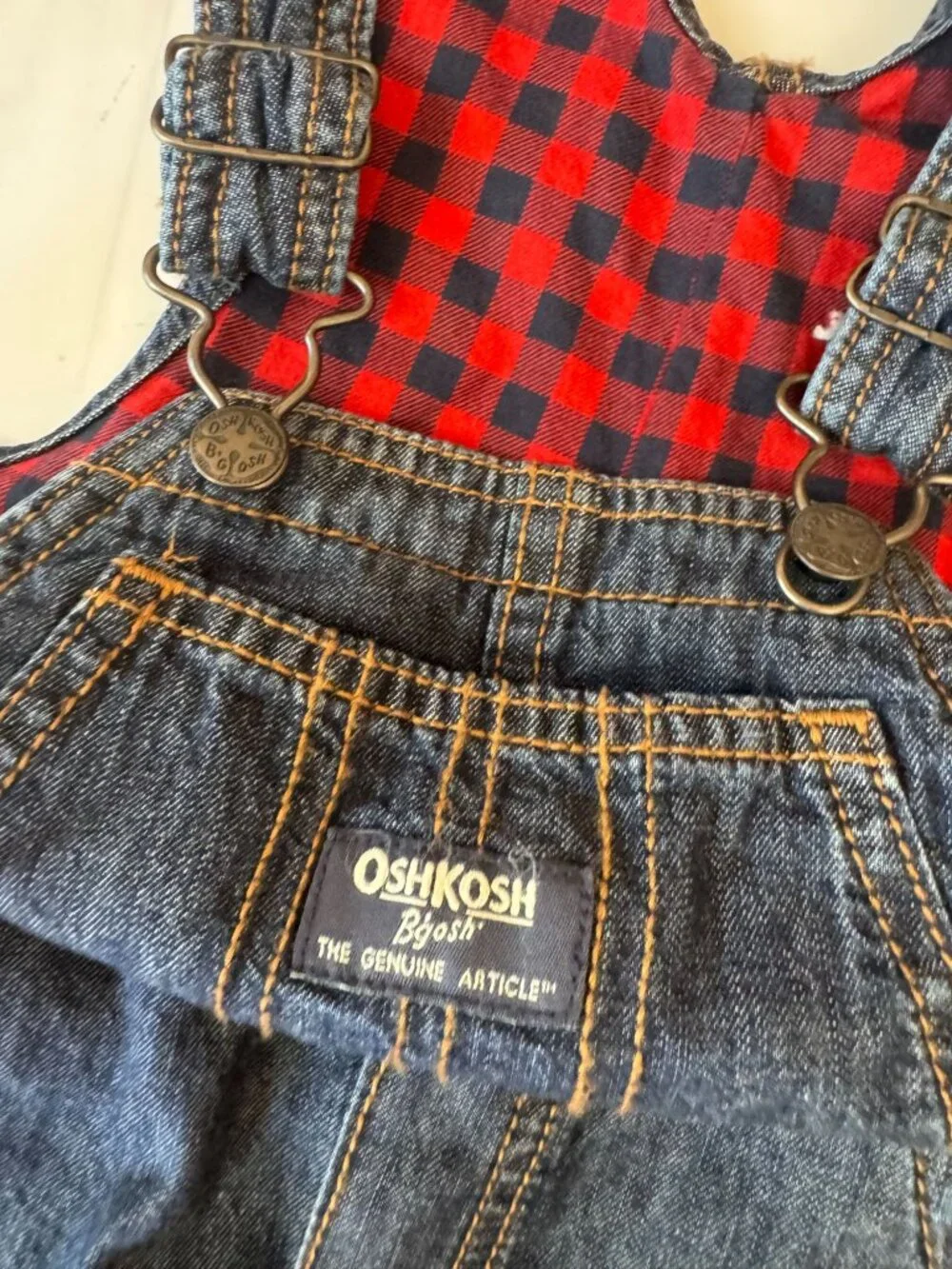 OshKosh Bgosh Denim Overalls Toddlers Red Buffalo Plaid Lined Kid Size 24 Months